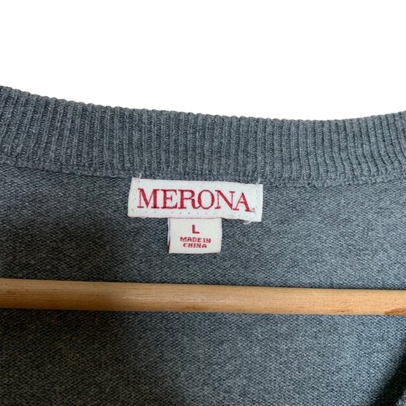 Merona V-Neck Sweater Diamond Print Gray Orange Lightweight 100% Cotton Large - Picture 4 of 7